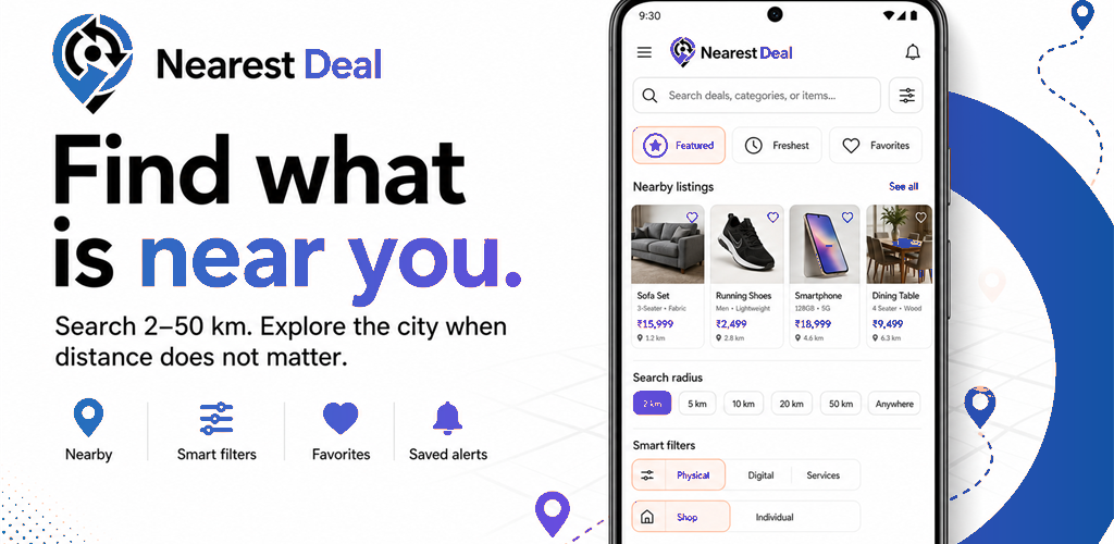 Nearest Deal mobile feature graphic showing nearby discovery and smart filters